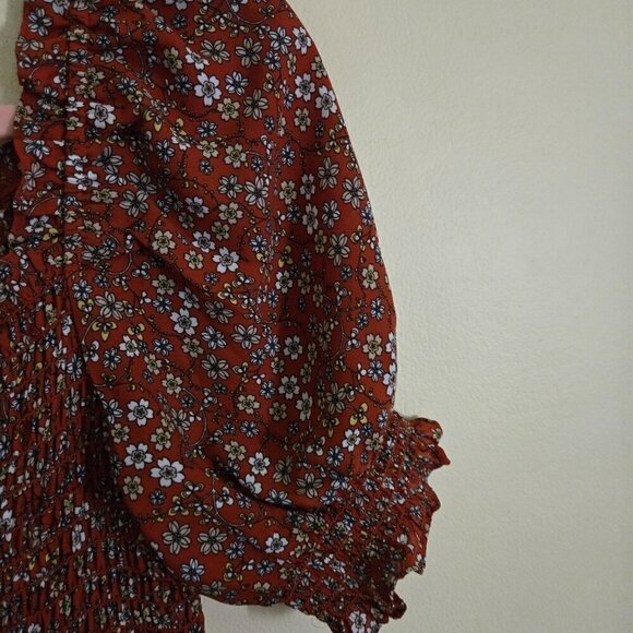 Max Studio Brick Red Ditzy Floral Smocked Crepe Tiered Maxi Dress Size S - Picture 4 of 8